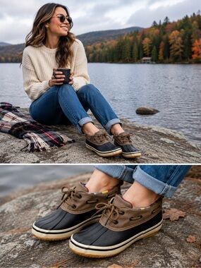 Tamarack Duck Shoes Women’s Size 7 Black Tan Waterproof Rain Shoes Plaid Lined